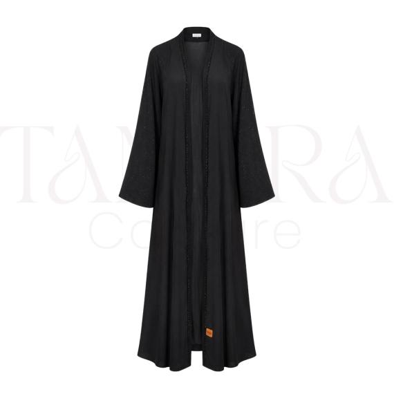 Elegant Black Open Abaya with Beaded Trim and Flared Sleeves