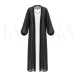 Elegant Black Sheer Open Abaya with Beaded Leaf Embroidery