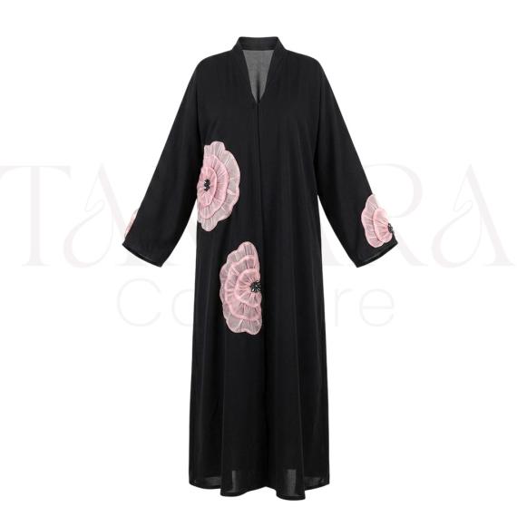 Elegant Black Abaya with Blush Pink Floral Appliqué