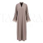 Elegant Taupe Abaya with Embroidered Feather Trim Sleeves