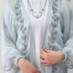 Elegant Powder Blue Sheer Open Abaya with Beaded Leaf Embroidery