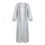 Elegant Powder Blue Sheer Open Abaya with Beaded Leaf Embroidery