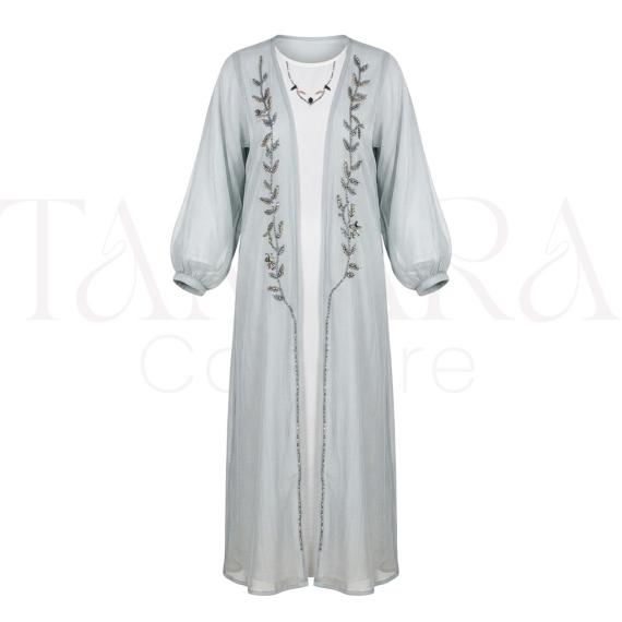 Elegant Powder Blue Sheer Open Abaya with Beaded Leaf Embroidery