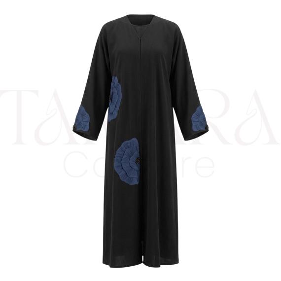 Elegant Black Abaya with Blue Floral Appliqué