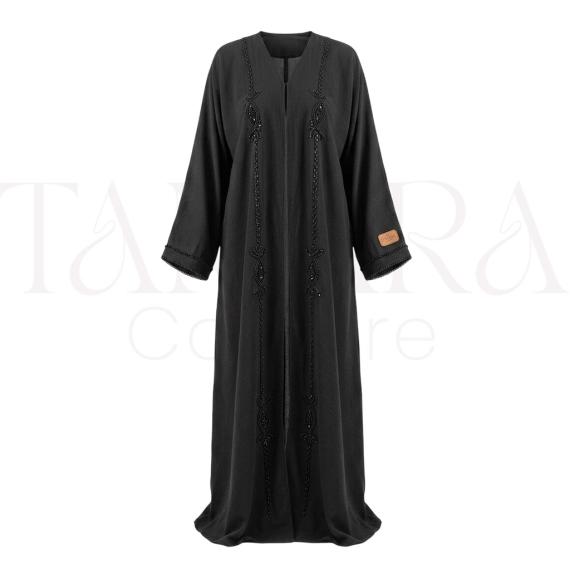 Elegant Black Open Abaya with Tonal Beaded Embroidery