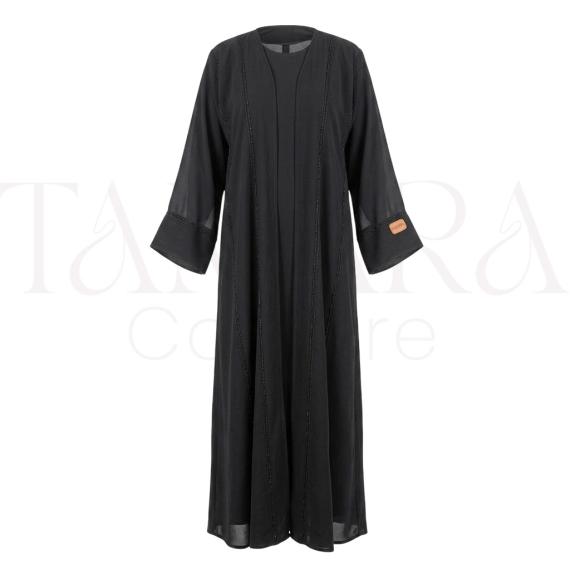 Elegant Black Open Abaya with Beaded Panel Detailing