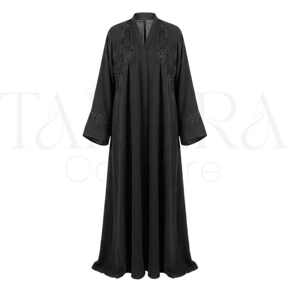 Elegant Black Open Abaya with Tonal Floral Embroidery