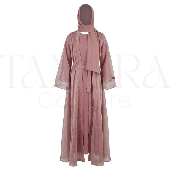 Elegant Dusty Rose Shimmer Open Abaya Set with Belt and Matching Hijab
