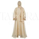 Elegant Ivory Shimmer Open Abaya Set with Belt and Matching Hijab