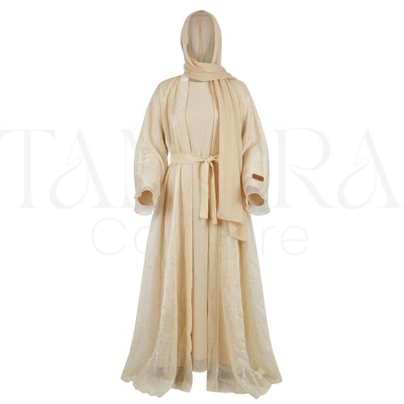 Elegant Ivory Shimmer Open Abaya Set with Belt and Matching Hijab