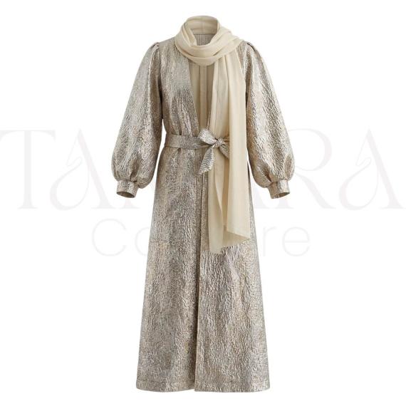 Luxury Champagne Shimmer Abaya Set with Belt and Matching Hijab