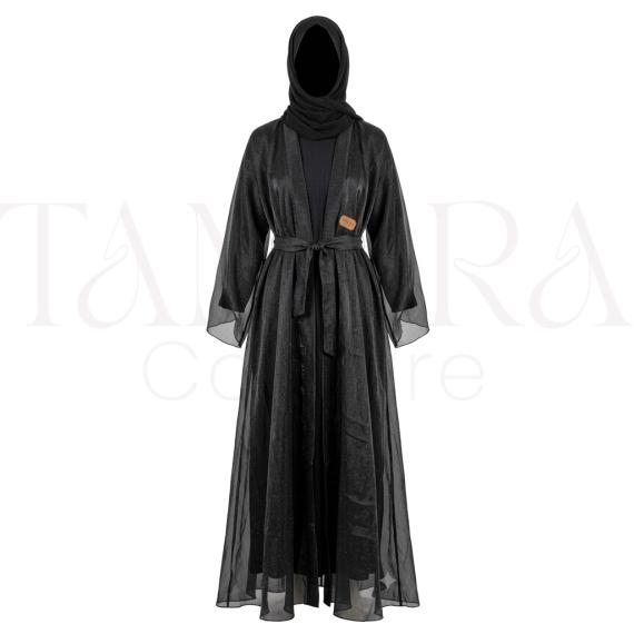 Elegant Black Shimmer Abaya Set with Belt and Matching Hijab
