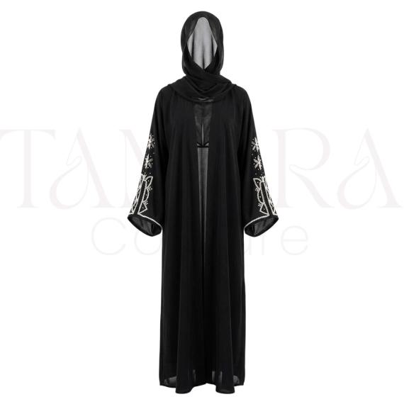 Elegant Black Open Abaya Set with Embroidered Sleeves and Matching Hijab
