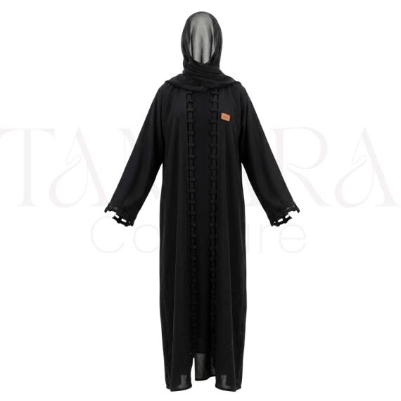 Elegant Black Open Abaya Set with Embroidered Sleeves and Matching Hijab