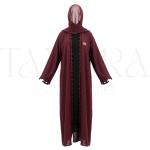 Elegant Burgundy Open Abaya Set with Decorative Trim and Matching Hijab