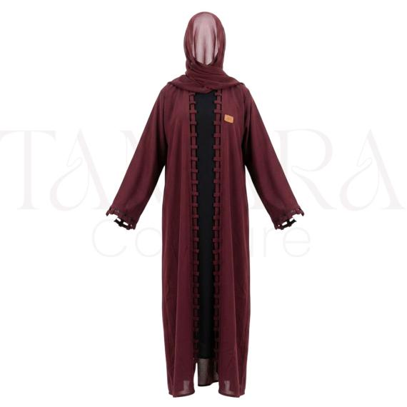 Elegant Burgundy Open Abaya Set with Decorative Trim and Matching Hijab