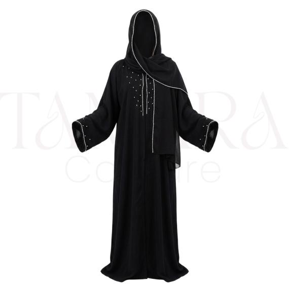 Elegant Black Abaya Set with Crystal Embellishments and Matching Hijab