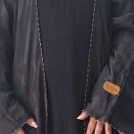 Classic Black Open Abaya Set with Gold Trim and Matching Hijab