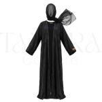 Classic Black Open Abaya Set with Gold Trim and Matching Hijab