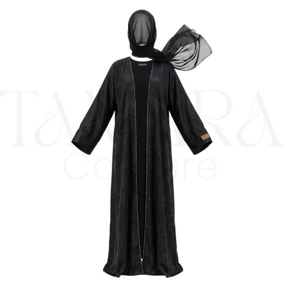 Classic Black Open Abaya Set with Gold Trim and Matching Hijab