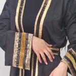 Luxury Black Satin Open Abaya with Gold Embroidered Trim