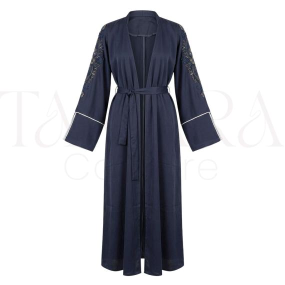 Elegant Navy Blue Open Abaya with Embroidered Sleeves and Waist Belt