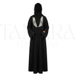 Classic Black Abaya with White Floral Embroidered Yoke and Matching Hijab