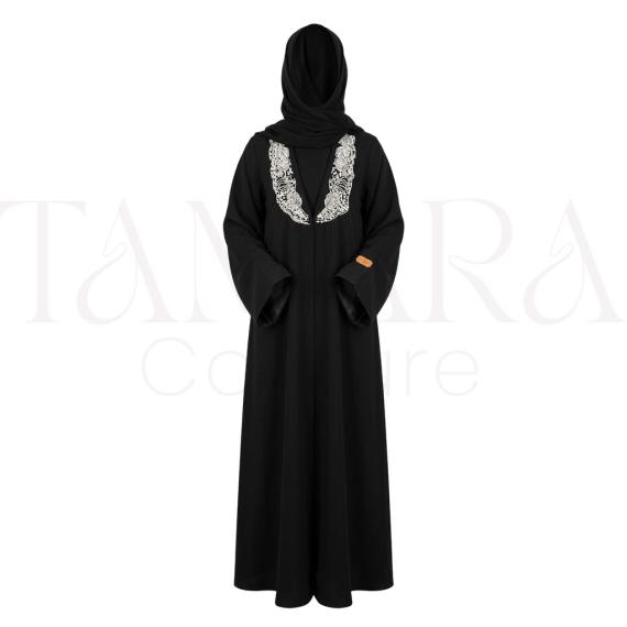 Classic Black Abaya with White Floral Embroidered Yoke and Matching Hijab
