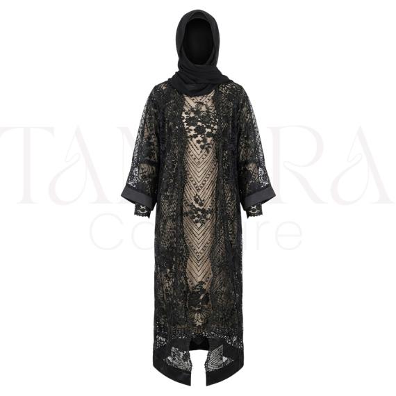 Luxury Black Lace Abaya Set with Embroidered Inner Dress and Matching Hijab
