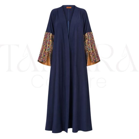 Elegant Navy Blue Open Abaya with Multicolor Embroidered Statement Sleeves