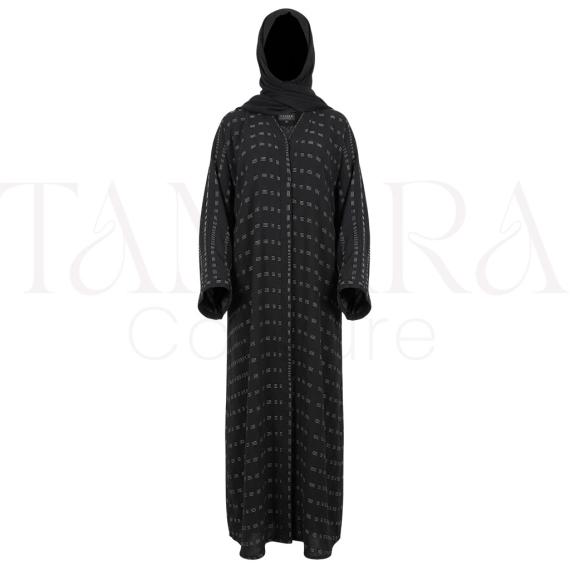 Modern Black Textured Abaya with Geometric Pattern and Matching Hijab
