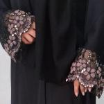 Elegant Black Abaya with Floral Embroidered Lace Cuffs and Matching Hijab