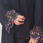 Black Abaya with Multicolor Embroidered Lace Cuffs and Matching Hijab