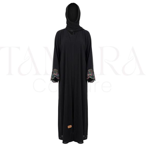 Black Abaya with Multicolor Embroidered Lace Cuffs and Matching Hijab