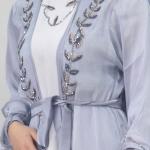 Sky Blue Shimmer Open Abaya with Beaded Embroidery and Waist Belt