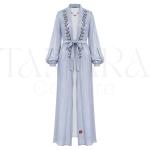 Sky Blue Shimmer Open Abaya with Beaded Embroidery and Waist Belt