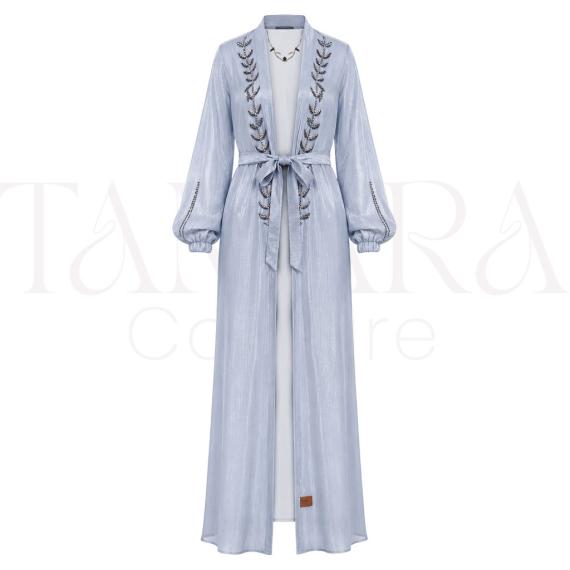 Sky Blue Shimmer Open Abaya with Beaded Embroidery and Waist Belt