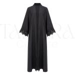 Classic Black Open Abaya with Elegant Floral Lace Sleeves