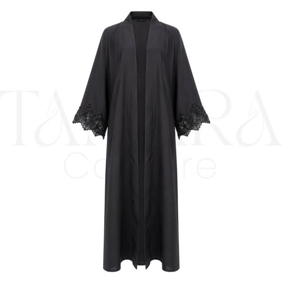 Classic Black Open Abaya with Elegant Floral Lace Sleeves
