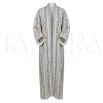Luxury Ivory Open Abaya with Blue Floral Embroidered Stripes