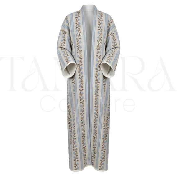 Luxury Ivory Open Abaya with Blue Floral Embroidered Stripes