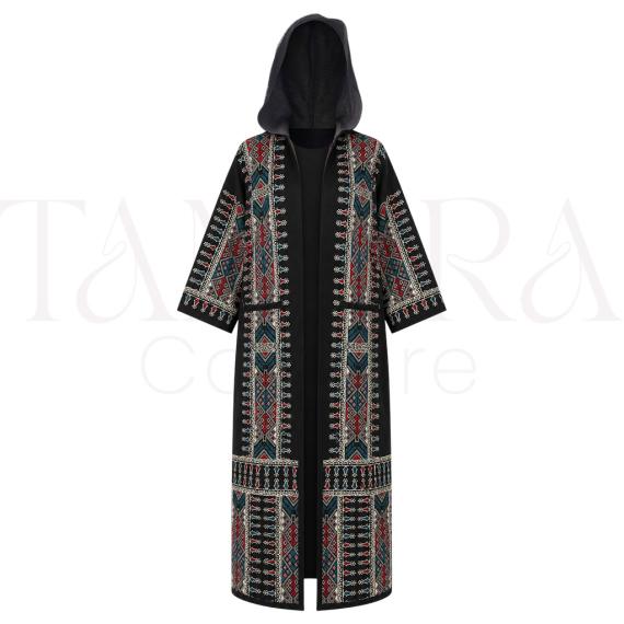 Black Hooded Open Abaya with Traditional Geometric Embroidery