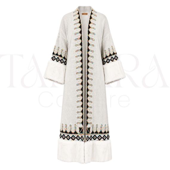 Luxury Ivory Open Abaya with Faux Fur Trim and Tribal Embroidery