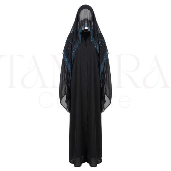 Black Abaya with Beaded Sheer Cape and Matching Shayla