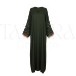 Elegant Olive Green Embroidered Abaya with Feather Sleeve Details