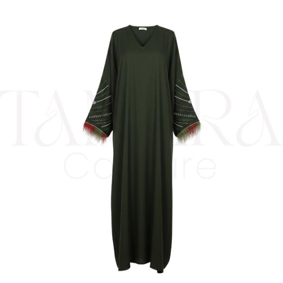 Elegant Olive Green Embroidered Abaya with Feather Sleeve Details