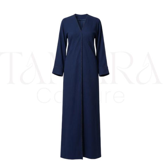 Classic Navy Blue Open Abaya with Contrast Stitch Detailing