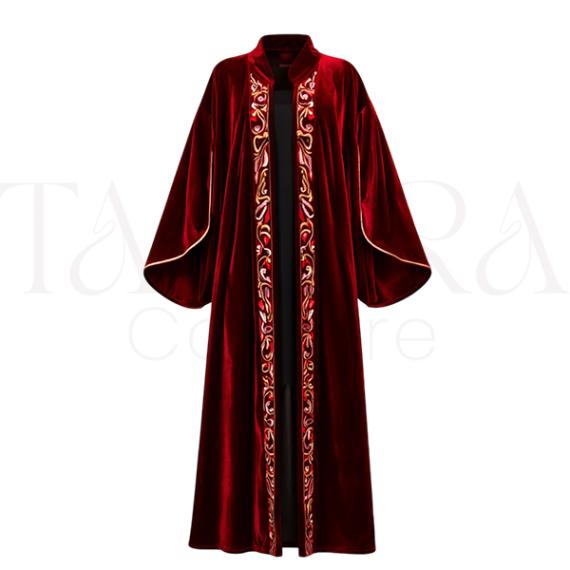 Luxury Burgundy Velvet Open Abaya with Embroidered Trim