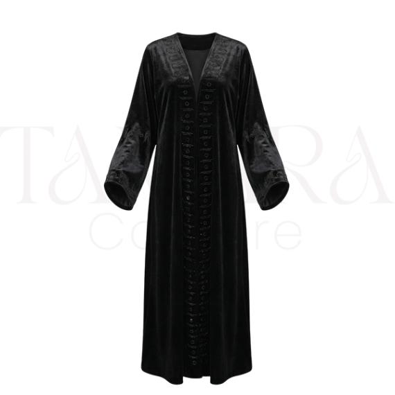 Luxury Black Velvet Open Abaya with Tonal Embroidered Detailing