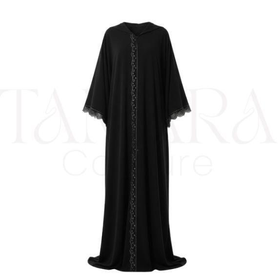 Elegant Black Hooded Abaya with Lace Trim Detailing